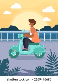 Vector, flat style, the guy rides a retro moped. Summer landscape. Sunset Dawn. Design elements and illustrations.	
