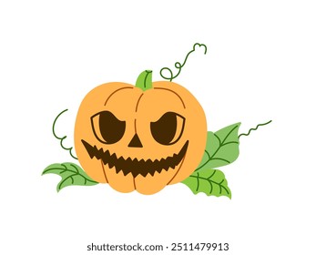 Vector  flat style Halloween Illustration. Hand-drawn scary pumpkin sketch isolated on white background.  Element for labels, packaging and cards design.