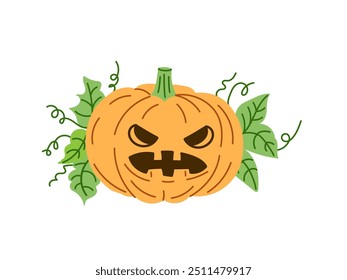 Vector  flat style Halloween Illustration. Hand-drawn scary pumpkin sketch isolated on white background.  Element for labels, packaging and cards design.