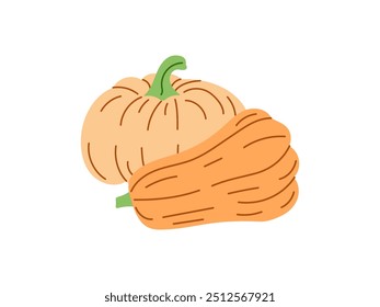 Ilustración de Halloween de estilo plano de Vector. Boceto de calabazas dibujadas a mano aislado sobre fondo blanco. Elemento para etiquetas, embalaje y diseño de tarjetas.