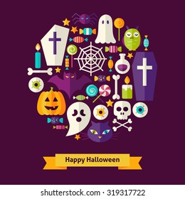 Vector Flat Style Halloween Objects Concept. Flat Design Vector Illustration. Collection of Trick or Treat Colorful Objects. Set of Scary Halloween Party Items. 
