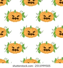 Estilo plano vetor Halloween sem costura padrão. Abóboras assustadoras desenhadas à mão. Elemento para rótulos, embalagem e desenho de cartões.	