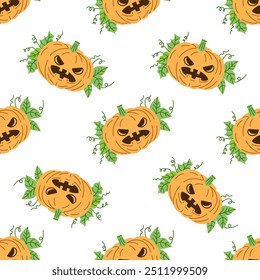 Vector de estilo plano Halloween sin patrón. Calabazas aterradoras dibujadas a mano. Elemento para etiquetas, embalaje y diseño de tarjetas.	