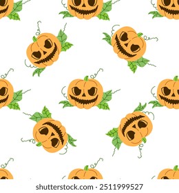 Vector flat style Halloween seamless pattern. Hand-drawn scary pumpkins. Element for labels, packaging and cards design.	
