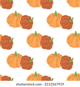 Estilo plano vetor Halloween sem costura padrão. Abóbora desenhada à mão. Elemento para rótulos, embalagem e desenho de cartões.	