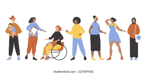 vector flat style hand drawn illustration on the theme of diversity of women, feminism. Women of different races and cultures.
