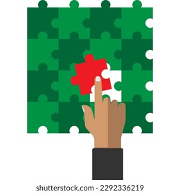 Vector flat style of hand slide red puzzle into space on white background, risk and weaknesses point, partnership problem resolve solution concept, copy space for text, editable shape and object