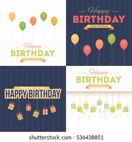 Vector Flat Style Happy Birthday Message, Celebration, Greeting Card Design Set. Congratulations Banner or Postcard Template