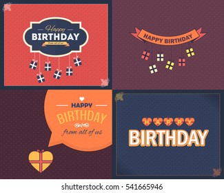 Happy Birthday Nachricht, Feier, Grußkartendesign Set im Vector Flat Style. Glückwunsch Banner oder Postkartenvorlage