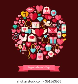 Vector Flat Style Happy Valentine Day Objects Concept. Collection of Love Wedding Holiday Colorful Objects. Set of Save the Date Items. 