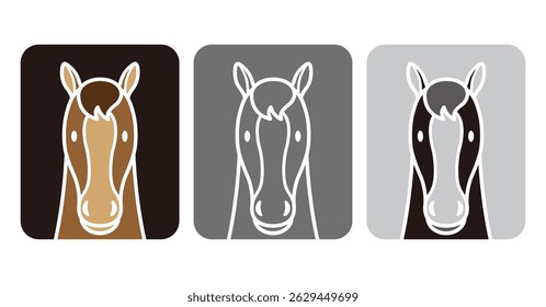Vector Flat Style Horse Illustration Set In Full Face Isolated On A White Background. 