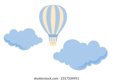 Ilustración vectorial de globo de aire caliente de estilo plano vectorial. Recorte en línea de globo de aire caliente aislado en fondo azul del cielo. Diseño aislado de globo aerostático plano con nubes aisladas