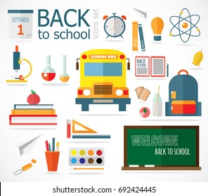 Vector flat style icons of school and education symbols. Colorful back to school icons. Creative design elements for web. Yellow school bus and school supplies around it. 