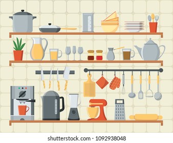 Vector flat style icons set of kitchen utensils and cooking. Card with kitchen shelves, cooking utensils and equipment.