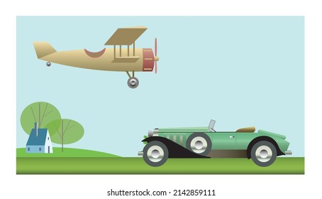 Vector flat style illustration of a 1920's car and a pre-war biplane against the rural european summer landscape. Historic interwar period vehicles concept.