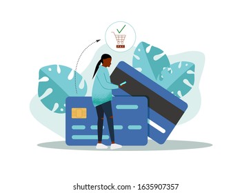 Vector flat style illustration, african american woman in front of a huge cell phone. Credit card icon on the screen of smartphone. Minimalism design with exaggerated objects. Online payment concept.