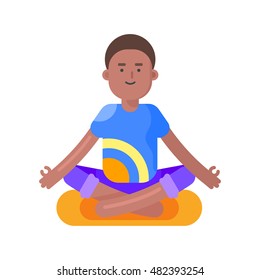 Vector flat style illustration of afro american man doing yoga. Boy in lotus position. Isolated on white background.