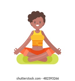 Vector flat style illustration of afro american woman doing yoga. Girl in lotus position. Isolated on white background.