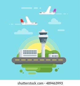 Vector flat style illustration of airport. Icon for web. Aircraft and control tower. Plane on the runway. Isolated on blue background.