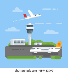 Vector flat style illustration of airport. Icon for web. Aircraft and control tower. Plane on the runway. Isolated on blue background.