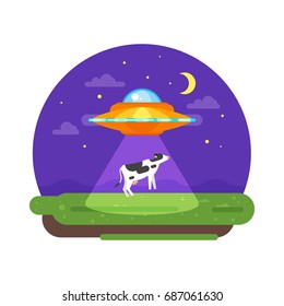 Vector flat style illustration of alien ship truing to abduct a cow at night. Isolated on white background.