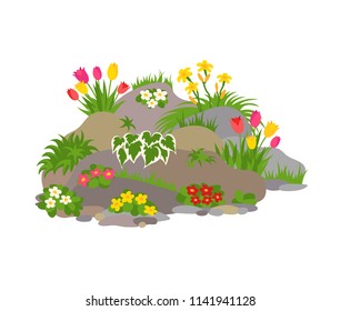 Vector flat style Illustration of an alpine slide with colored flowers and grass isolated on white background. Landscape design element. Landscaping and gardening color icon.