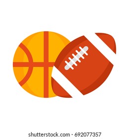 Vector flat style illustration of American football and basketball balls. Icon for web. Isolated on white background.