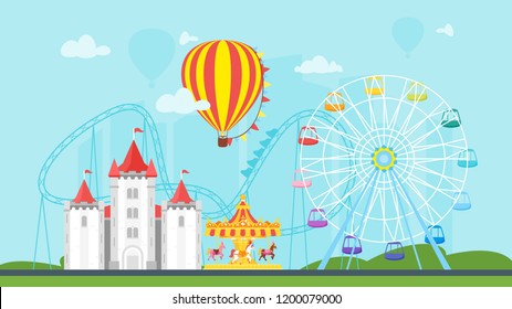 Vector flat style illustration of amusement park carnival for kids. Isolated on urban background. Funfair landscape with carousel, striped circus tent and air balloon in sky. horizontal composition.
