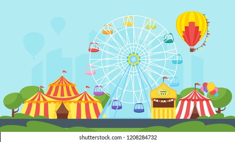 Vector flat style illustration of amusement park carnival for kids. Isolated on urban background. Funfair landscape with carousel, striped circus tent and air balloon in sky. horizontal composition.
