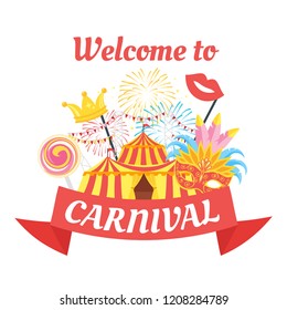 Vector flat style illustration of amusement park carnival for kids. Isolated on white background. Funfair icons: mask, fireworks and circus tent. Typography poster with decorative red ribbon.