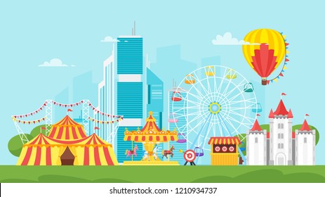 Vector flat style illustration of amusement park carnival for kids. Isolated on urban background. Funfair landscape with carousel, striped circus tent and air balloon in sky. horizontal composition.
