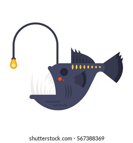 Vector flat style illustration of angler fish. Icon for web. Isolated on white background.