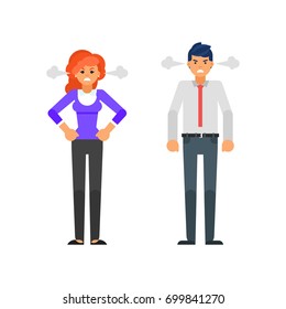 Vector flat style illustration of angry businessman and businesswoman characters with a steam coming out from their ears. Isolated on white background.