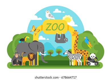 Vector flat style illustration of animals standing at the zoo entrance. Good sunny day. Isolated on white background.