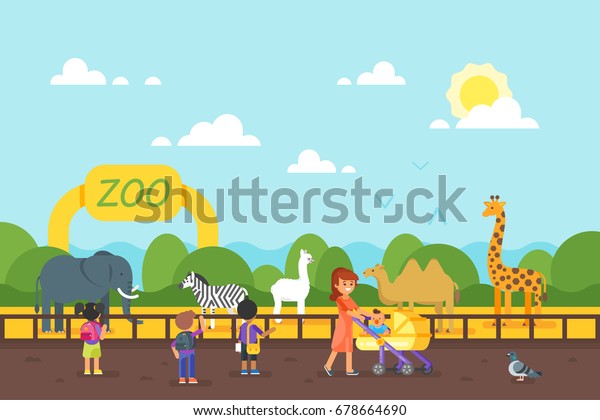 動物園の動物のベクターフラットスタイルのイラスト 子供が動物園を訪れている 晴れた日 のベクター画像素材 ロイヤリティフリー