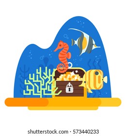 Vector flat style illustration of  aquarium with corals. Icon for web. Isolated on white background.