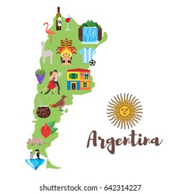 Vector flat style illustration of Argentina map with Argentinian national cultural symbols. Isolated on white background.