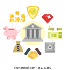 Vector flat style illustration of a banking system. Isolated on white background. Icon for web.