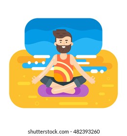 Vector flat style illustration of bearded man doing yoga. Boy in lotus position on the beach. 