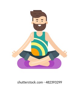 Vector flat style illustration of bearded man doing yoga. Boy in lotus position. Isolated on white background.