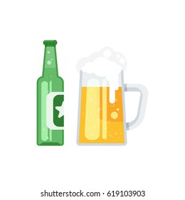 Vector flat style illustration of beer bottle and beer glass. Icon for web. Isolated on white background.