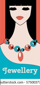 Vector flat style illustration black hair woman with beads necklace