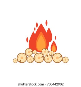 Vector flat style illustration of bonfire isolated on white background. Icon logo flame and wood for web design