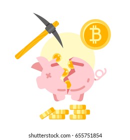 Vector flat style illustration of a broken piggy bank with golden bitcoins. Concept for bitcoin mining. Isolated on white background. Icon for web.