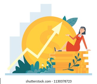 Vector flat style illustration business finance concept of attracting investment and raising profit, profitable income. Money analysis design