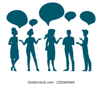 Vector flat style illustration of business people silhouettes talking about something. Speech bubble at the top.