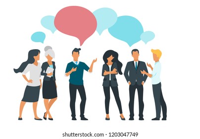 Ilustración vectorial plana de los empresarios hablan de los objetivos de la empresa y de la discusión de datos. Concepto de redes sociales. Diseño minimalista con siluetas de personas y burbujas de habla.