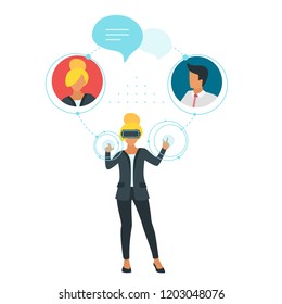 Vector flat style illustration of business leader woman silhouette in virtual reality glasses interact with technological HUD element and talk to people avatar. Networking concept. Minimalism design. 
