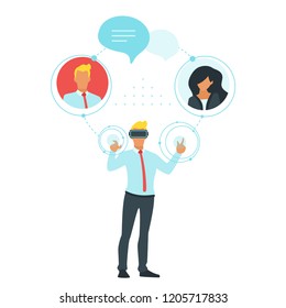 Vector flat style illustration of  business leader man silhouette in virtual reality glasses interact with technological HUD elements and talk to people avatar. Networking concept. Minimalism design. 
