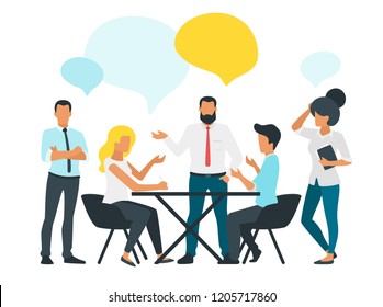 Vector flat style illustration of business people talk and discussing data. Social networking concept. Minimalism design with people silhouettes chat and speech bubbles.